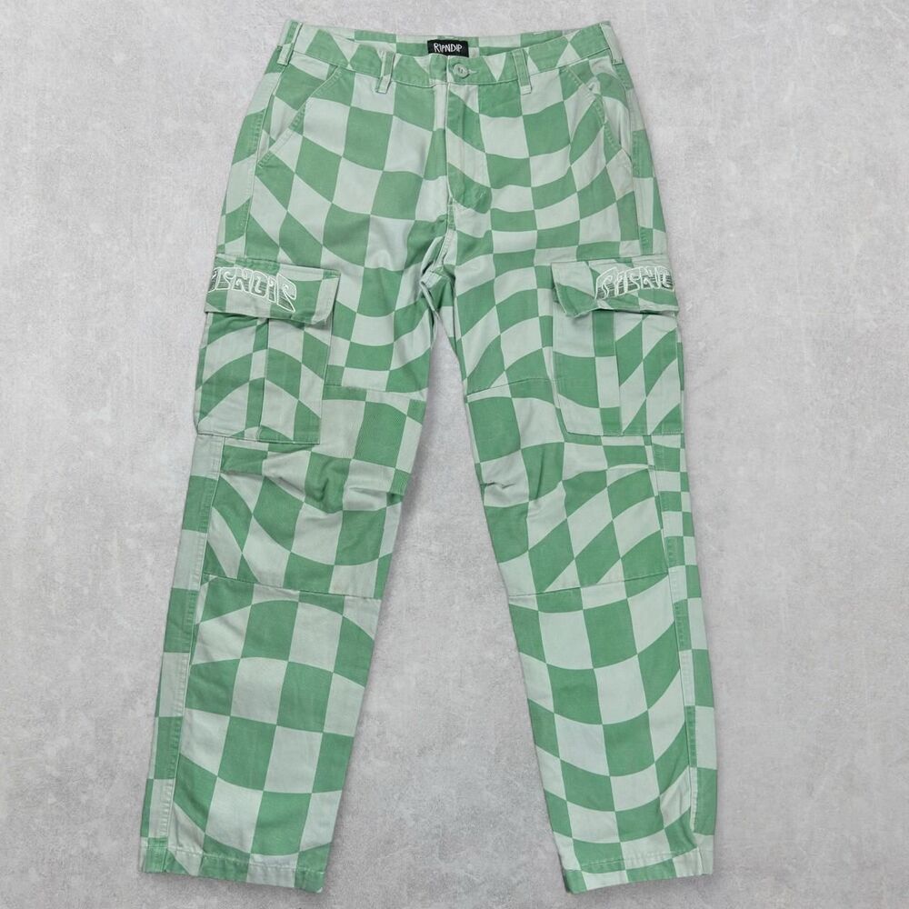 Ripndip Men's Mint Green Wavy Checkerboard Print Cargo Pants